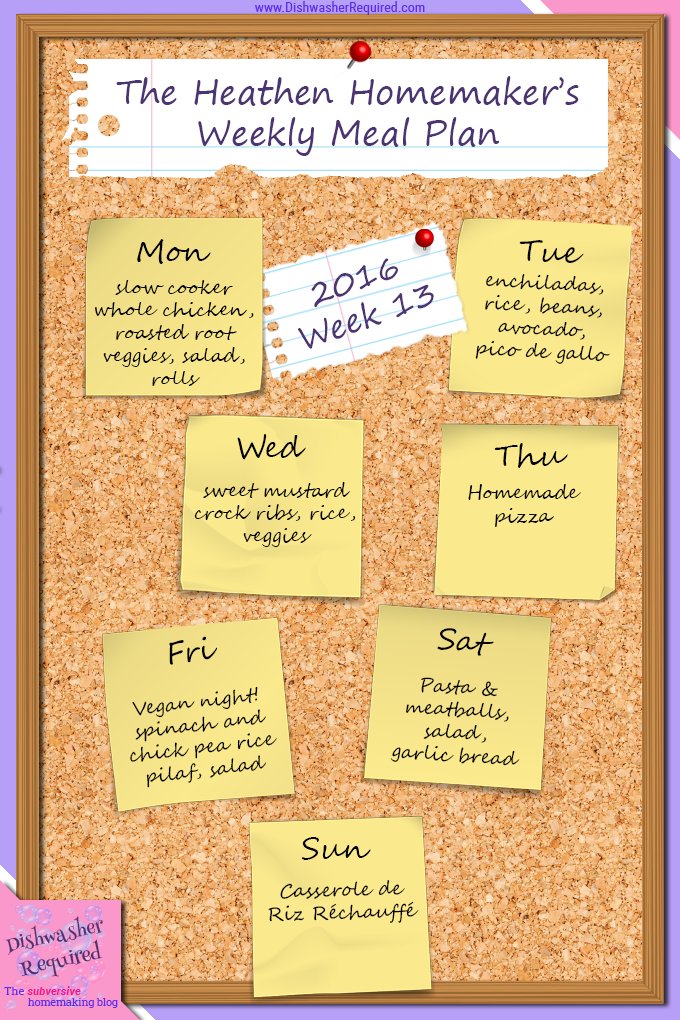 The Heathen Homemaker's weekly meal plan. She always has some great ideas!